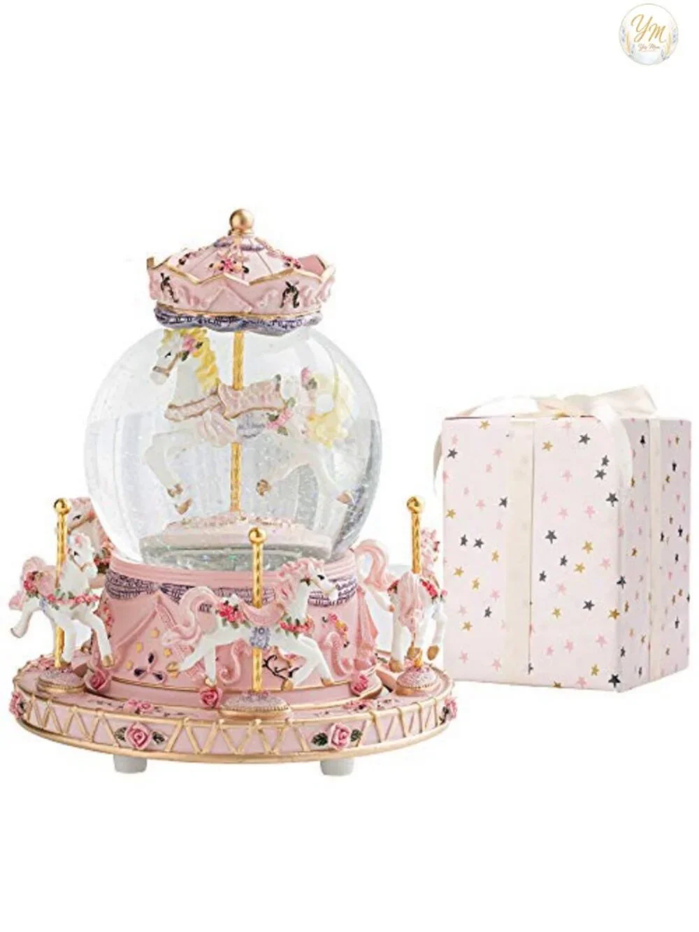 Musical Snow Globe Carousel Music Box with LED Lights, Unicorn Decor, Gift for